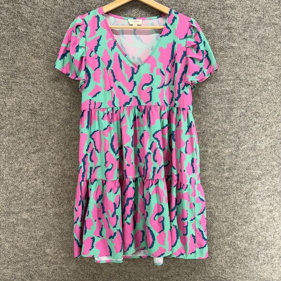 Umgee Dress Women S Small Blue Animal Print Shift Midi V-Neck Short Sleeve - Picture 1 of 8